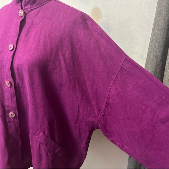 Bryan Walker Women Linen Jacket Large Minimalist Lagenlook Purple Pockets Button - Picture 3 of 10